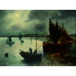 Walter Linsley Meegan (1859-1944) Nocturne scene with fishing boats Signed, oil on board, 21cm by