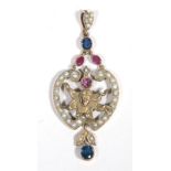An Early Twentieth Century Sapphire, Ruby and Pearl Pendant, featuring a female face with flowing