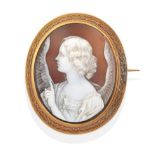 A Shell Cameo Brooch, depicting a gesturing angel, in a canetille frame, measures 6.1cm by 5cm . The