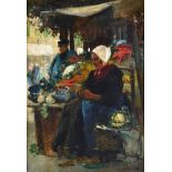 Flora Macdonald Reid (1861-1938) A market scene, possibly Bruges Signed, oil on canvas, 35.5cm by