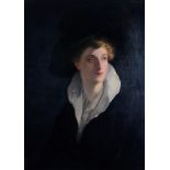 H P Hollins (20th century) Portrait of a lady in a black hat Signed, oil on canvas, 79cm by 57cm