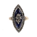 A Blue Enamel and Diamond Navette Mourning Ring, rose cut diamond set forget-me-nots applied to a