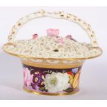 An English Porcelain Pot Pourri Basket and Pierced Cover, circa 1820, with overhead handle and