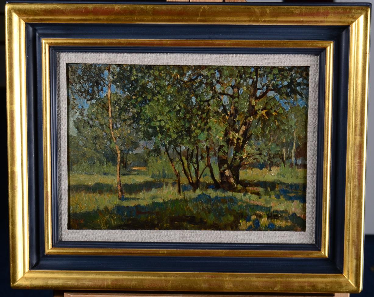 Harry Bush ROI (1883-1957) ''Sunlit Trees'' Initialled, with artist's studio stamp verso, oil on - Image 2 of 4