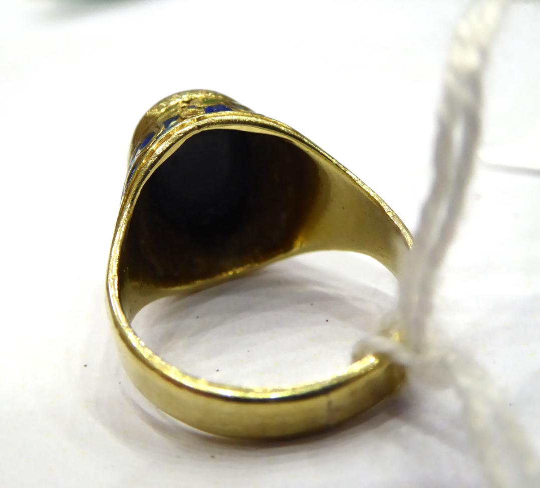 An Arts & Crafts Black Opal and Enamel Signet Ring, an oval black opal in a rubbed over setting, - Image 4 of 5