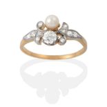 An Early Twentieth Century Pearl and Diamond Ring, a single pearl and an old cut diamond to