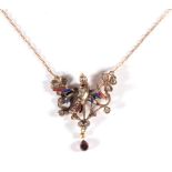 A Nineteenth Century Rose Cut Diamond, Ruby, Garnet and Enamel Bird Pendant, on Chain, modelled as a