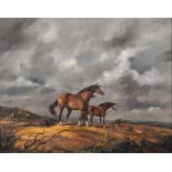Gudrun Sibbons (20th/21st century) Three horses in a windswept moorland landscape Signed, oil on