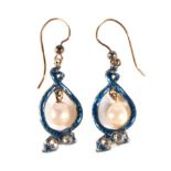 A Pair of Nineteenth Century Blue Enamel, Rose Cut Diamond and Pearl Snake Earrings, modelled as two