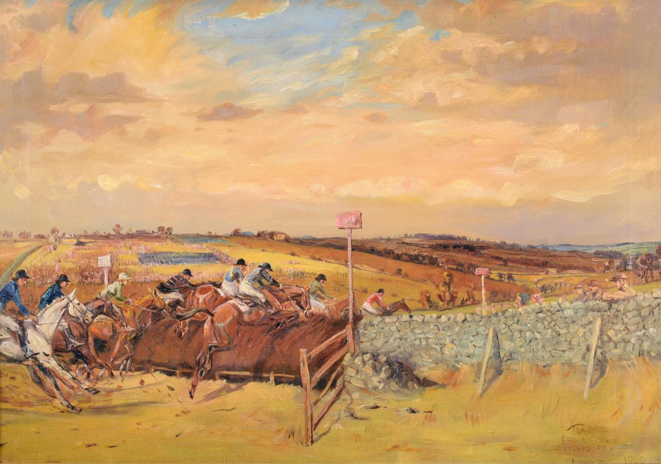 Tom Carr (1912-1977) ''Ladies Race, Zetland point-to-point'' Signed, inscribed and dated, oil on