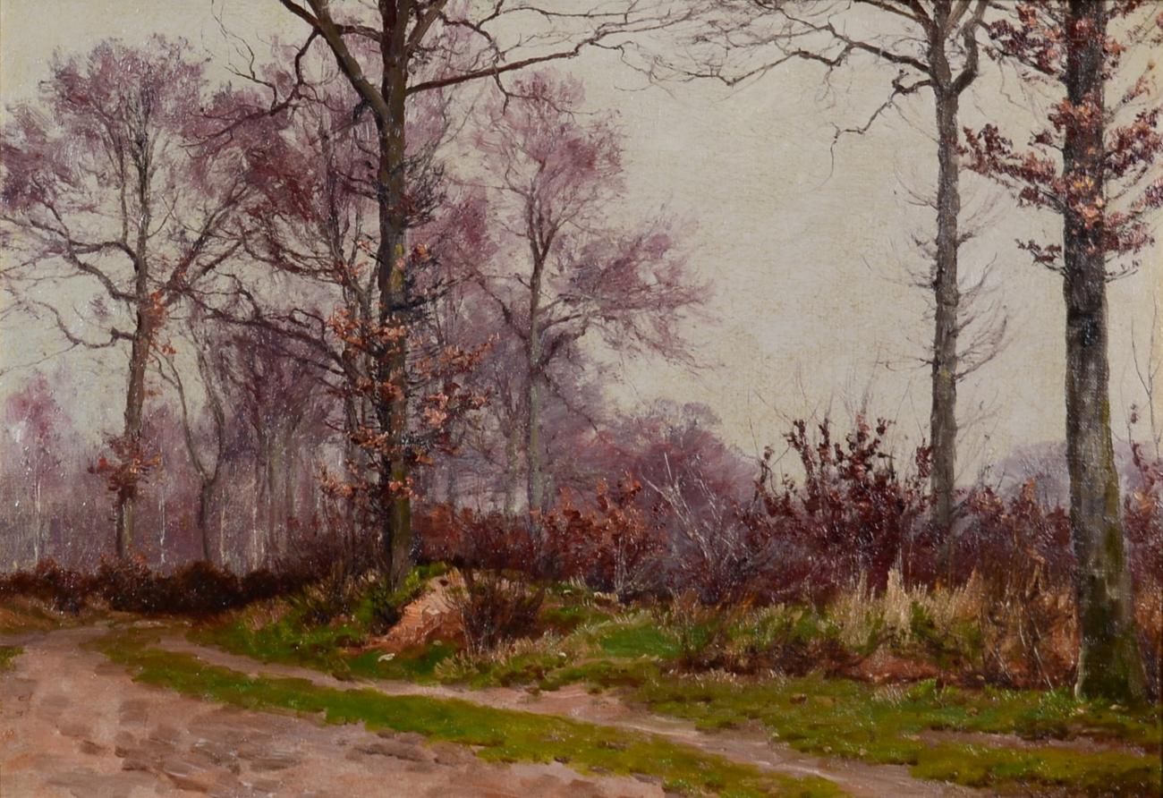 William Baptiste Baird (1847-1899) American Autumnal wooded path Initialled, oil on canvas, 31cm