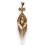 A Victorian Etruscan Revival Pendant, a lozenge-shaped pendant with cannetille decoration and fringe