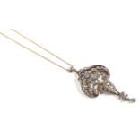 A Diamond Pendant, on Chain, an articulated scroll grain set with round brilliant cut diamonds,