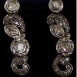 A Pair of Rose Cut Diamond Scroll Earrings, foil backed rose cut diamonds inset to scroll bars,