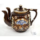 A Measham Bargeware Twin-Spouted Teapot and Cover, dated 1886, of ovoid form, inscribed MRS SARAH