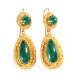 A Pair of Malachite Pendant Earrings, round cabochon malachite in circular filigree frames suspend