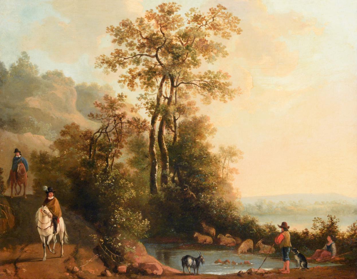 Manner of Aelbert Cuyp (1620-1691) Travellers in a landscape Oil on canvas, 45cm by 56cm