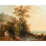 Manner of Aelbert Cuyp (1620-1691) Travellers in a landscape Oil on canvas, 45cm by 56cm