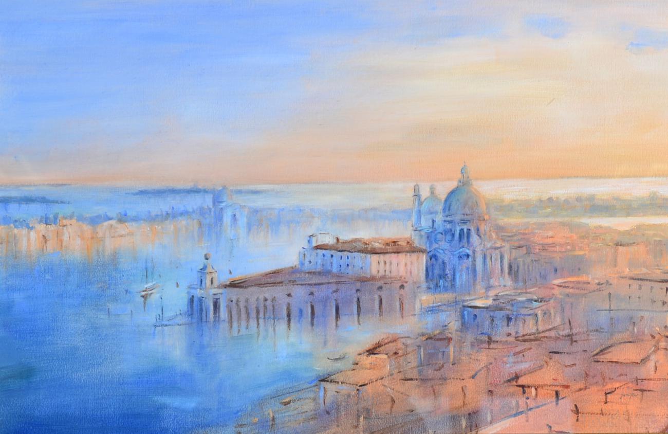 Justin Tew (b.1969) Santa Maria della Salute, Venice Signed, oil on board, 40cm by 62.8cm Artist's