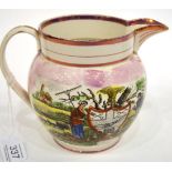 A Dixon, Austin & Co Sunderland Lustre Jug, circa 1820, printed and painted with THE FARMERS ARMS