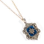 A Diamond and Blue Enamel Pendant, on Chain, a central oblong blue enamel plaque with an applied