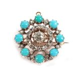 A Nineteenth Century Old Cut Diamond and Turquoise Brooch/Pendant, an old cut diamond in a collet