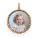 A Porcelain Portrait Miniature, Depicting an Infant with Blonde Hair, circular and within a frame