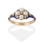 A Nineteenth Century Blue Enamel, Pearl and Diamond Mourning Ring, a cluster of split pearls and