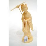 A Japanese Ivory Okimono, Meiji period, as a maiden holding a parasol, on an oval base, signed, 23cm