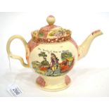 A William Greatbatch Creamware Teapot and Cover, circa 1770, printed and painted with The Prodigal