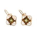A Pair of Peridot and Split Pearl Earrings, square cut peridots in rubbed over settings, within four