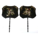 A Pair of Rectangular 19th Century Face Screens or Fixed Fans, lacquered in black and inlaid with