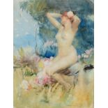 Antoine Calbet (1860-1944) French Female nude seated amongst flowers and foliage Signed, pencil