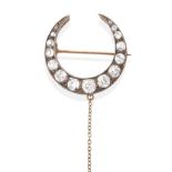 An Old Cut Diamond Crescent Brooch, total estimated diamond weight 2.75 carat approximately,