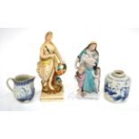 A Pearlware Figure of Venus, circa 1800, standing with a dolphin and cherub on a square base, 23cm