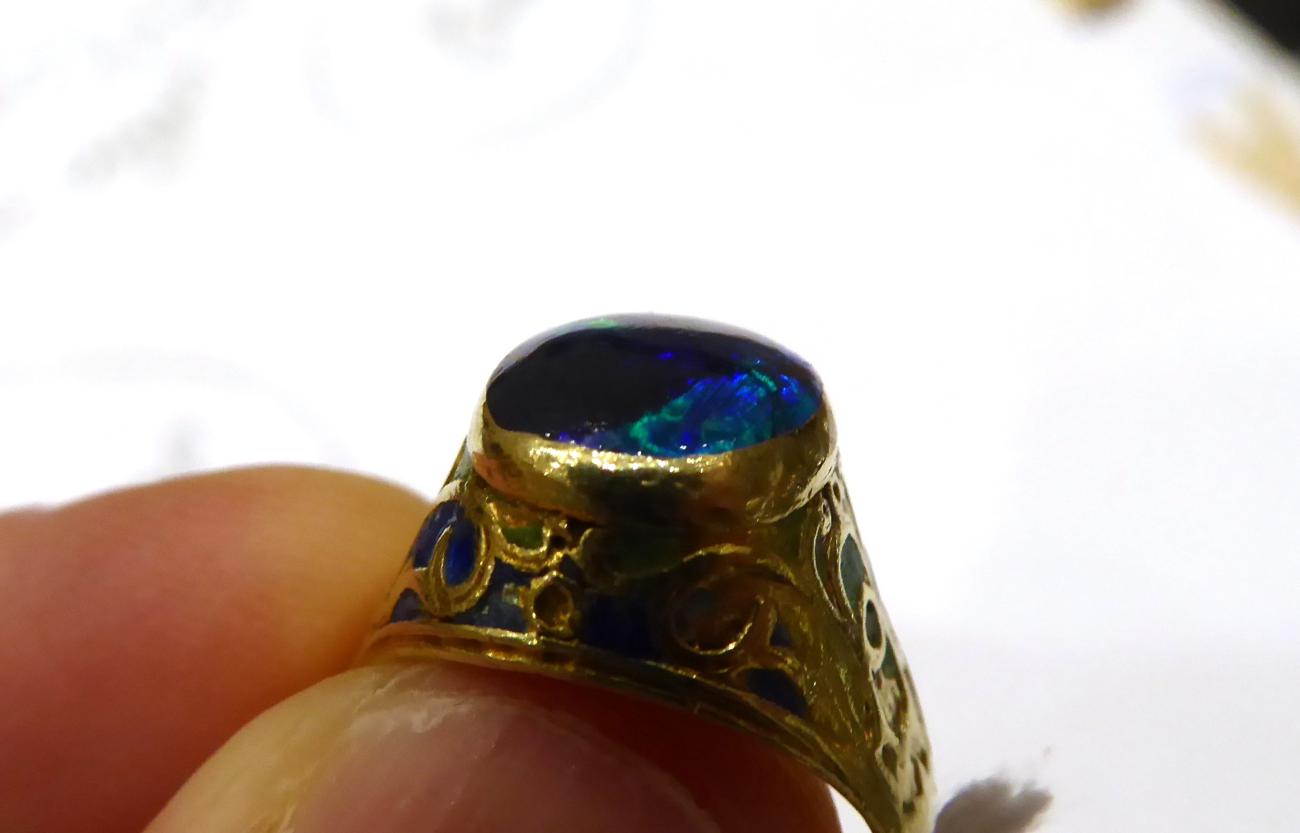 An Arts & Crafts Black Opal and Enamel Signet Ring, an oval black opal in a rubbed over setting, - Image 5 of 5