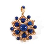 A Victorian Lapis Lazuli and Split Pearl Brooch/Pendant, a round cabochon lapis lazuli to pearl