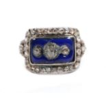 A Blue Enamel and Rose Cut Diamond Mourning Ring, three graduated rose cut diamonds within a blue