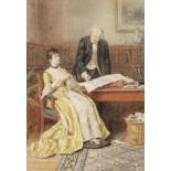 George Goodwin Kilburne RI RBA (1839-1924) ''The Marriage Settlement'' Signed, watercolour, 20.5cm