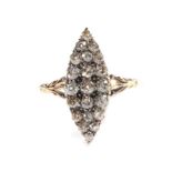 A Diamond Navette Ring, set throughout with old cut diamonds, to forked scroll shoulders, total