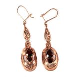 A Pair of 9 Carat Rose Gold Victorian Revival Garnet Pendant Earrings, pear and round cut garnets to