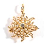 An Old Cut Diamond and Seed Pearl Brooch/Pendant, a diamond in a collet setting to seed pearl set