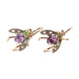 A Pair of Amethyst, Peridot and Diamond Fly Earrings, measure 2.5cm long, with lever hook