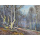 Willie Stephenson (fl.1893-1938) Figure in a woodland before a village Signed, watercolour, 44cm