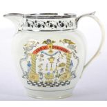 A Pearlware Masonic Jug, circa 1820, printed and overpainted with Masonic emblems and inscribed