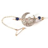 A Sapphire and Diamond Crescent Bar Brooch, a diamond set crescent to a knife edge bar terminating