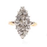 A Diamond Navette Ring, set with fifteen old cut diamonds in claw settings, to forked shoulders,