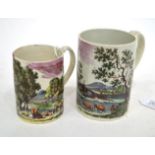 A Pearlware Mug, circa 1790, of cylindrical form, printed and overpainted with a rural river