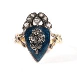 A Blue Enamel and Diamond Mourning Ring, a heart-shaped blue enamel plaque with applied rose cut