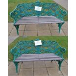 A Pair of Coalbrookdale Style Green Painted Cast Iron Garden Benches, cast with fern and with